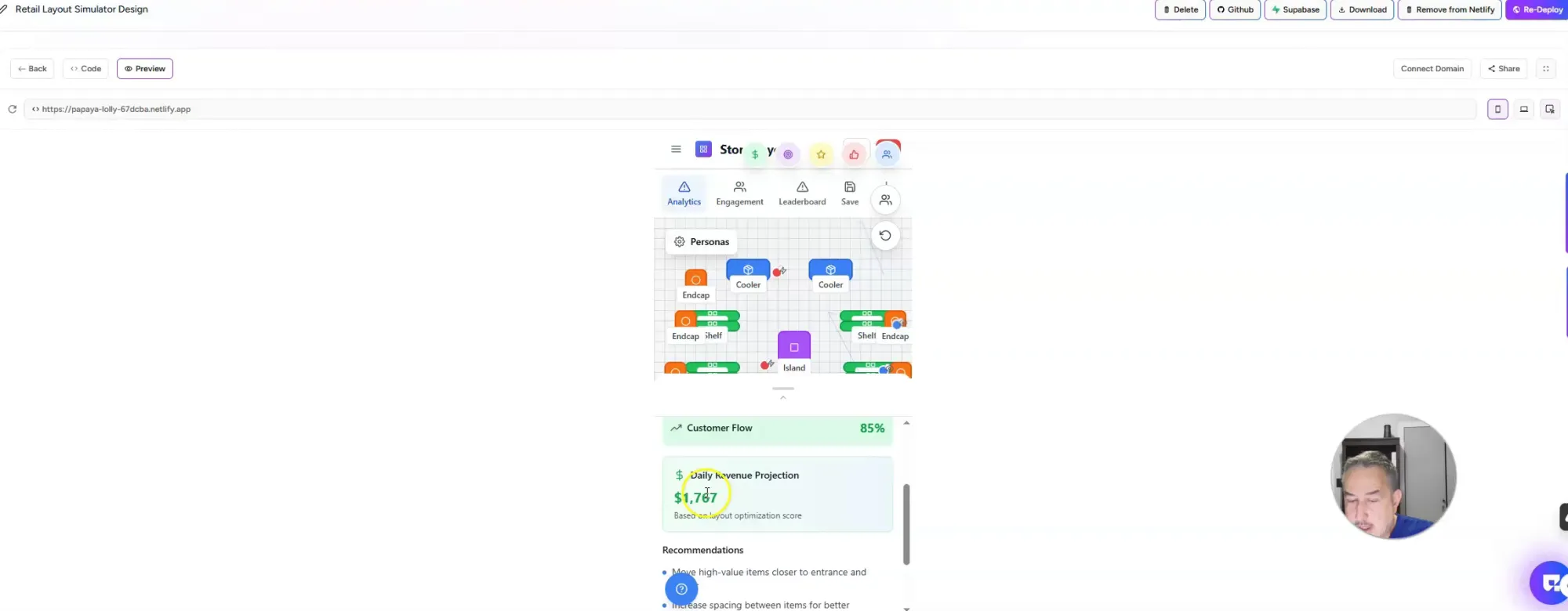 Performance analysis screen showing visibility, accessibility, and revenue projections