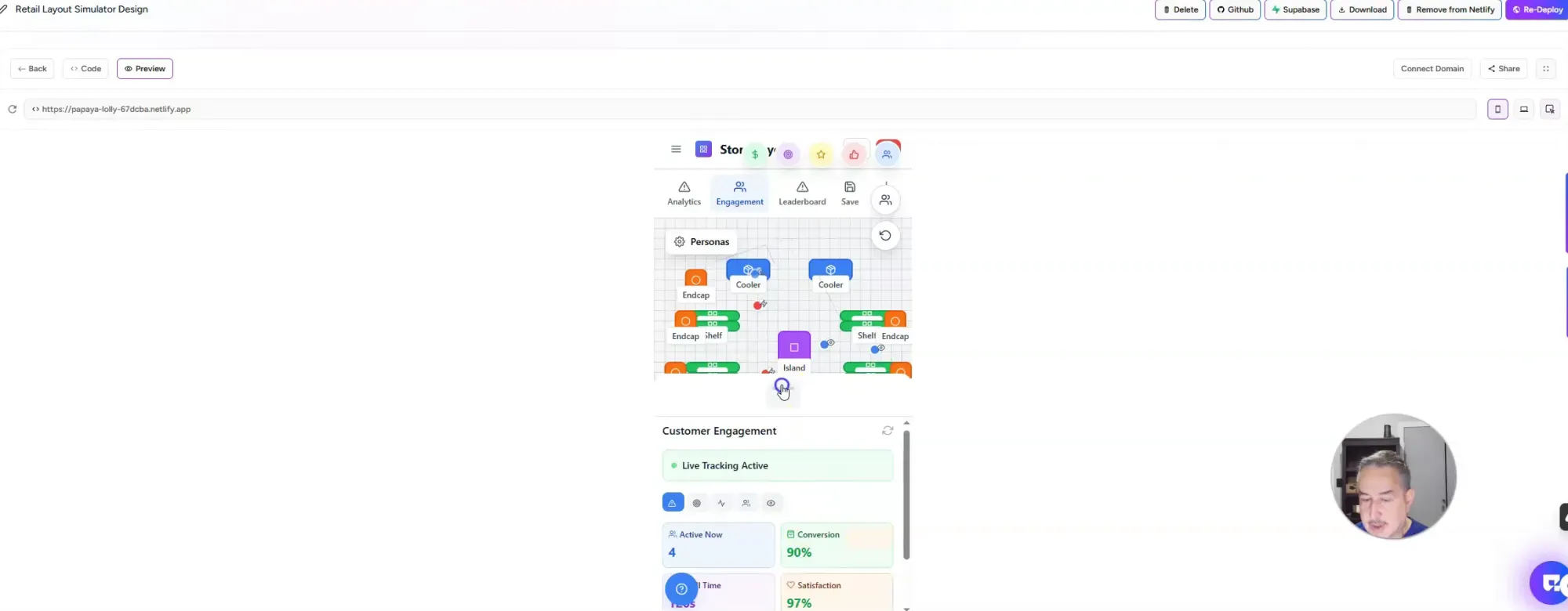 Live tracking and engagement metrics showing customer flow and satisfaction