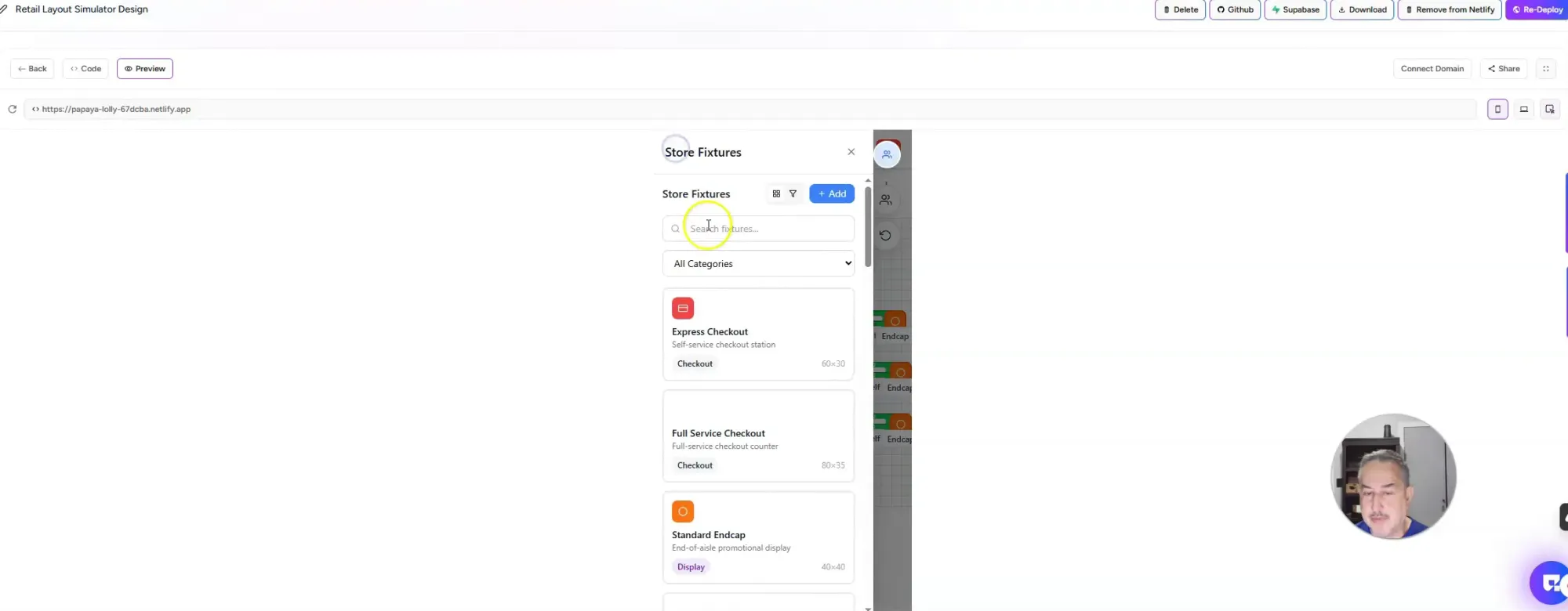 Fixture options available for adding to the store layout