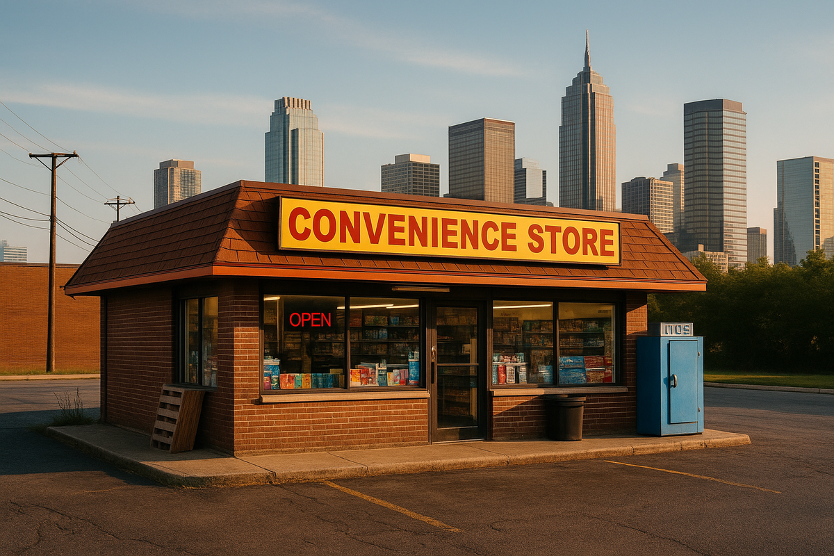 Brick convenience store building with yellow "CONVENIENCE STORE" sign and "OPEN" neon, positioned with tall city skyscrapers visible in the background.