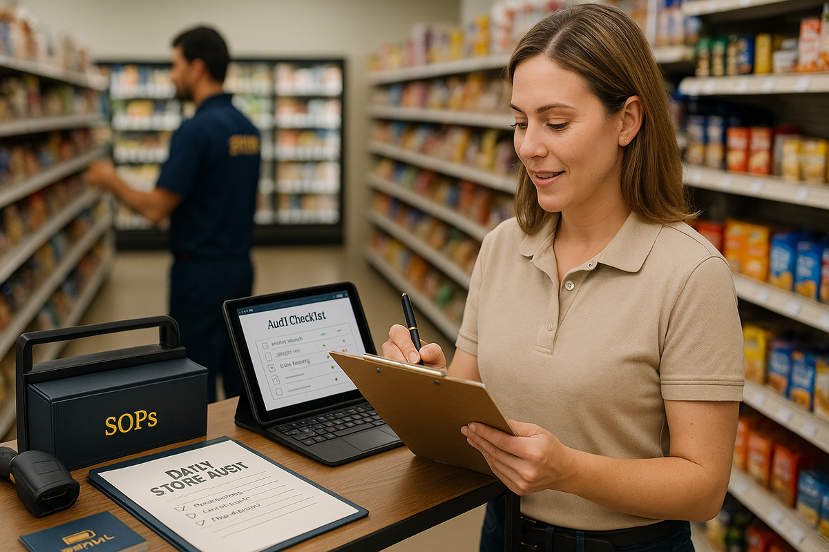 Female manager in beige polo reviewing clipboard with tablet showing audit checklist, SOPs binder and daily store audit form on mobile cart in convenience store aisle.