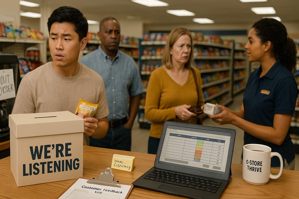 Four people in convenience store discussing customer feedback with "We're Listening" box, laptop showing tracking spreadsheet, and "C-Store Thrive" coffee mug on counter.