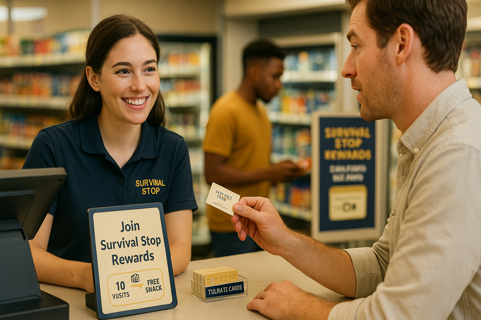 Smiling female Survival Stop employee helping male customer with rewards program signup, showing loyalty card with "Join Survival Stop Rewards" tablet displaying benefits.