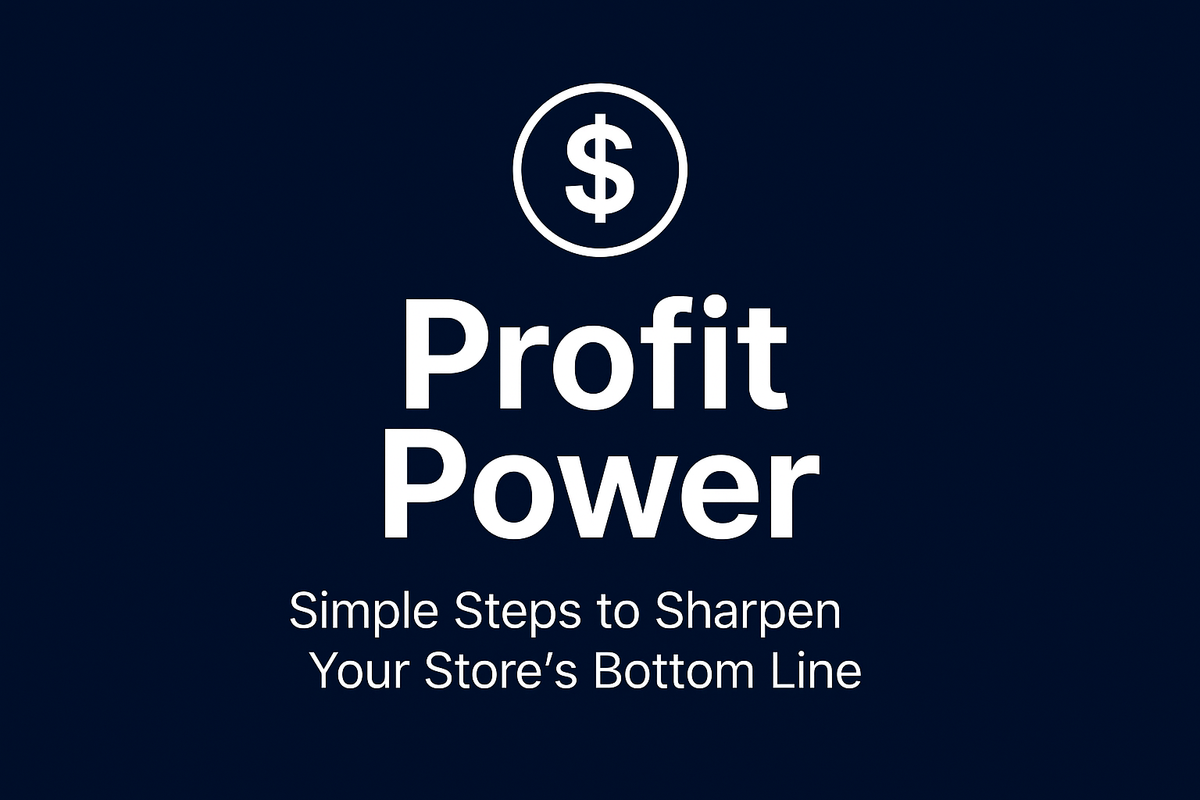 Book or guide cover with white dollar sign in circle above "Profit Power" title and "Simple Steps to Sharpen Your Store's Bottom Line" subtitle on navy background.