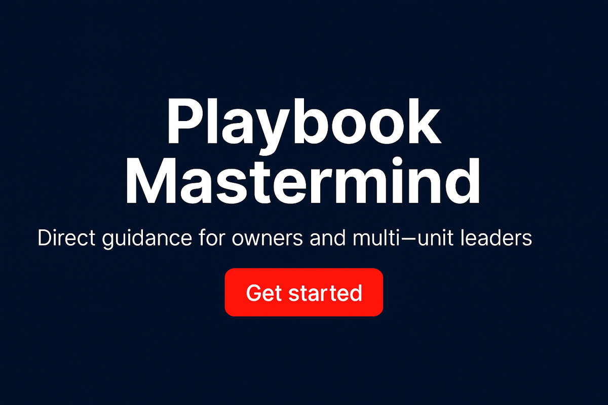 Promotional banner with "Playbook Mastermind" headline, "Coaching + accountability for C-store leaders" subtitle in white text on navy background, and red "Get started" button centered below.