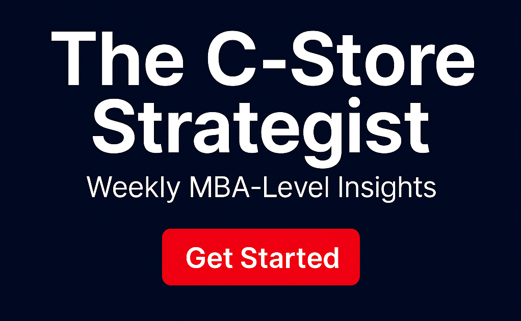 Header graphic for The C-Store Strategist featuring bold white text on a navy background with tagline “Weekly MBA-Level Insights” and a red Get Started button.