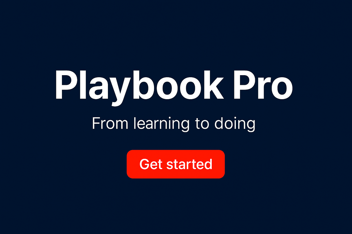 Promotional banner with "Playbook Pro" headline, "From learning to doing" subtitle in white text on navy background, and red "Get started" call-to-action button centered below.