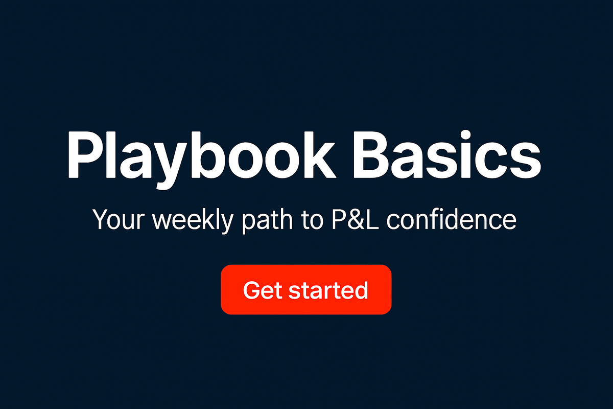 Promotional banner with "Playbook Basics" headline, "Your weekly path to P&L confidence" subtitle in white text on navy background, and red "Get started" call-to-action button centered below.