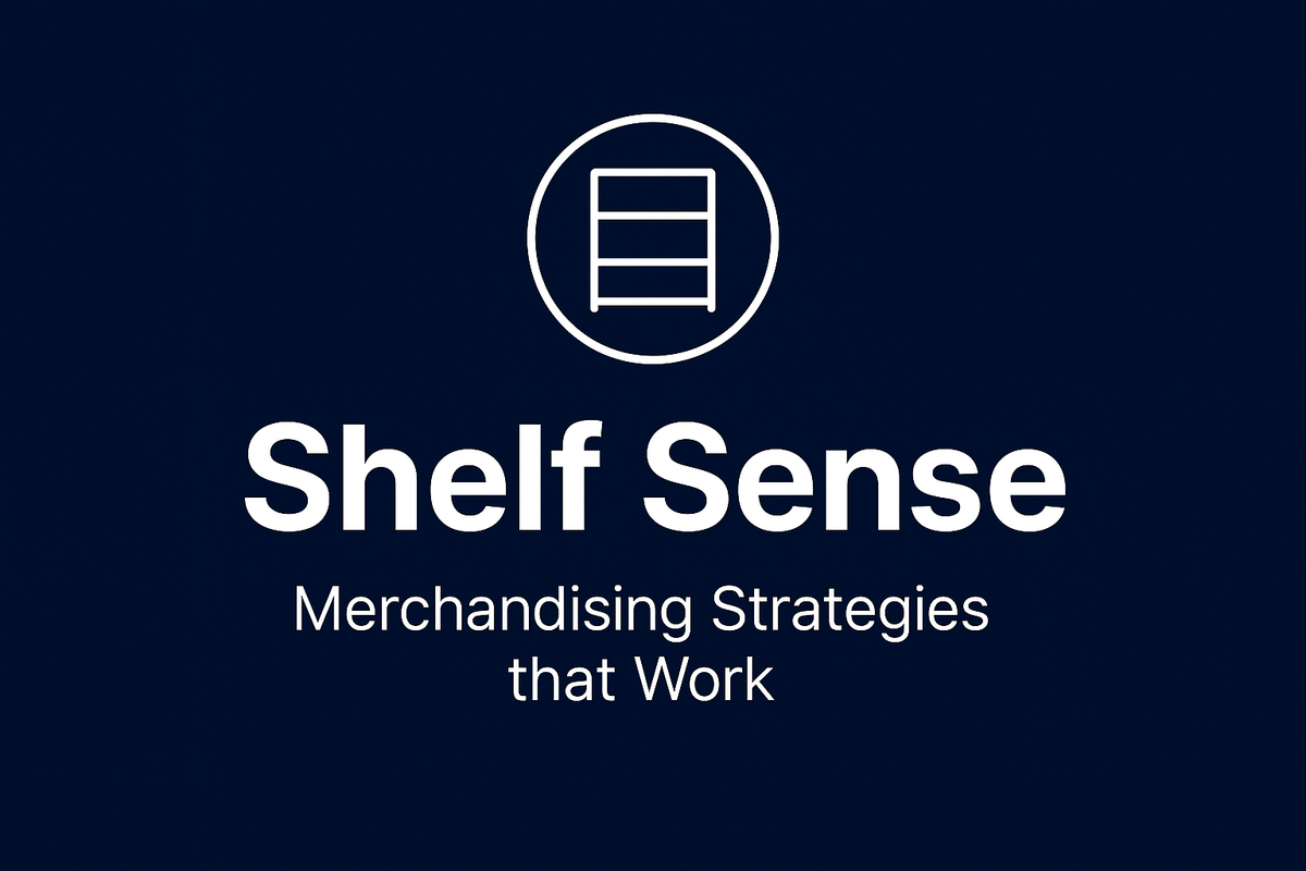 Book or guide cover featuring white shelving unit icon in circle above "Shelf Sense" title and "Merchandising Strategies that Work" subtitle on navy background.