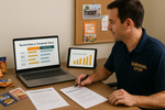 Manager in navy Survival Stop polo reviewing competitor analysis charts on laptop and tablet, with competitor intelligence documents and promotional materials on desk.