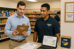 Man in dress shirt with clipboard talking to Survival Stop employee next to laptop showing store checklist, with store visit report visible on wall.