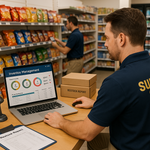 Manager at laptop viewing inventory management dashboard with stock level indicators and restock reports, with employee stocking snack shelves behind him.