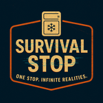 Survival Stop logo with a retro badge design, glitch effect, and tagline “One Stop. Infinite Realities.”