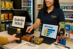Convenience store checkout with candy bars, gum, and small items displayed; a customer glances at the rack while the cashier rings up a drink.