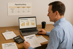 Manager analyzes payroll reports and staffing schedules on a laptop dashboard, focusing on labor hours, overtime, and store comparisons.