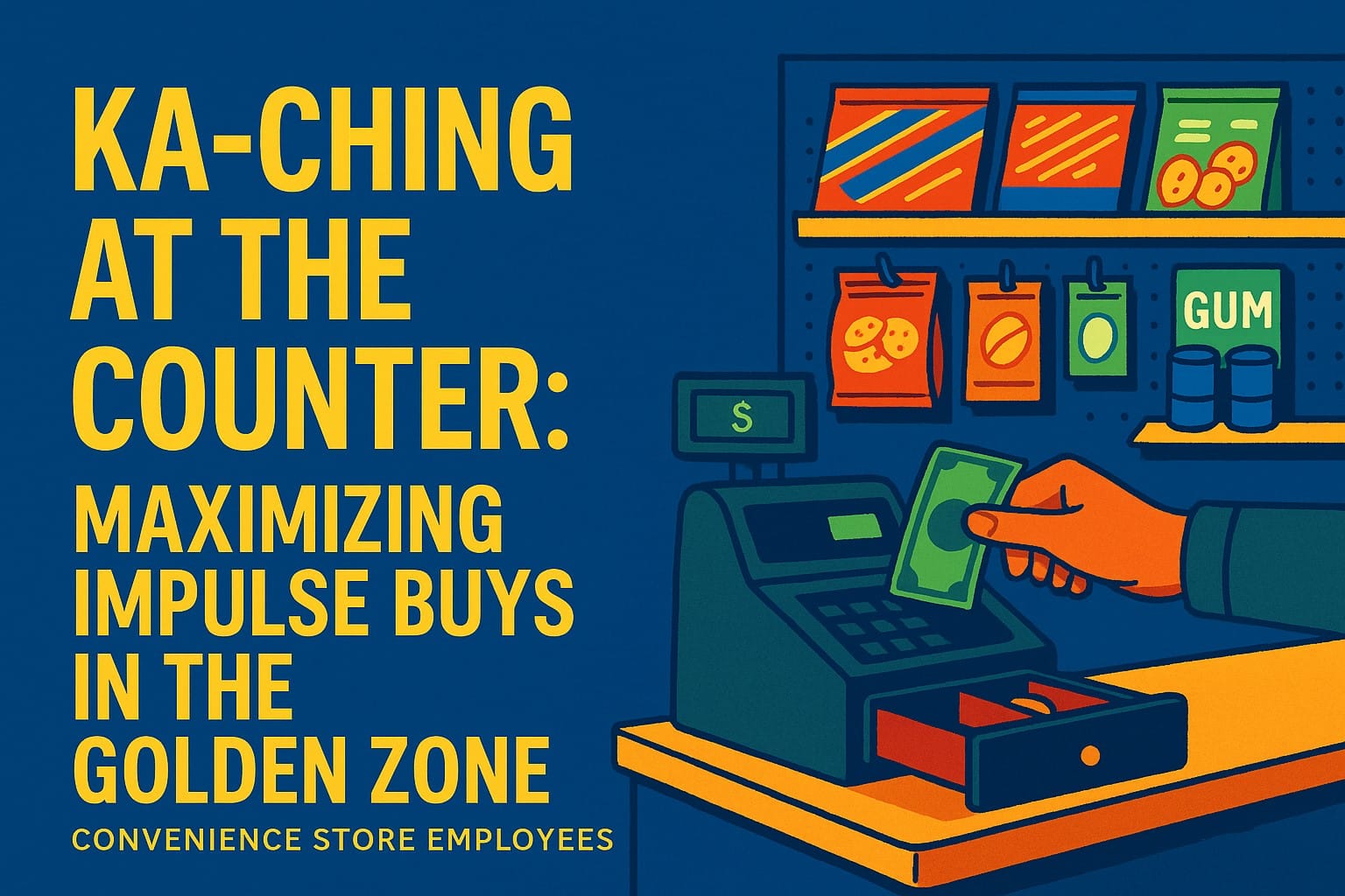 Stylized illustration of a convenience store checkout counter with colorful snack displays and impulse items, showing a customer making a purchase in the high-profit 'golden zone'.