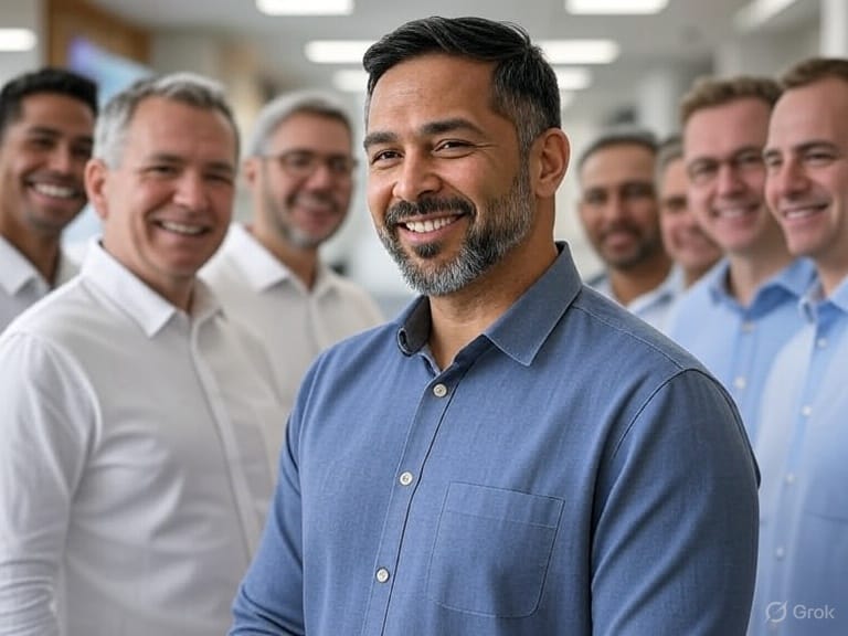 Confident retail manager with a warm smile standing in front of his diverse, enthusiastic team, exemplifying positive workplace culture and motivated leadership.