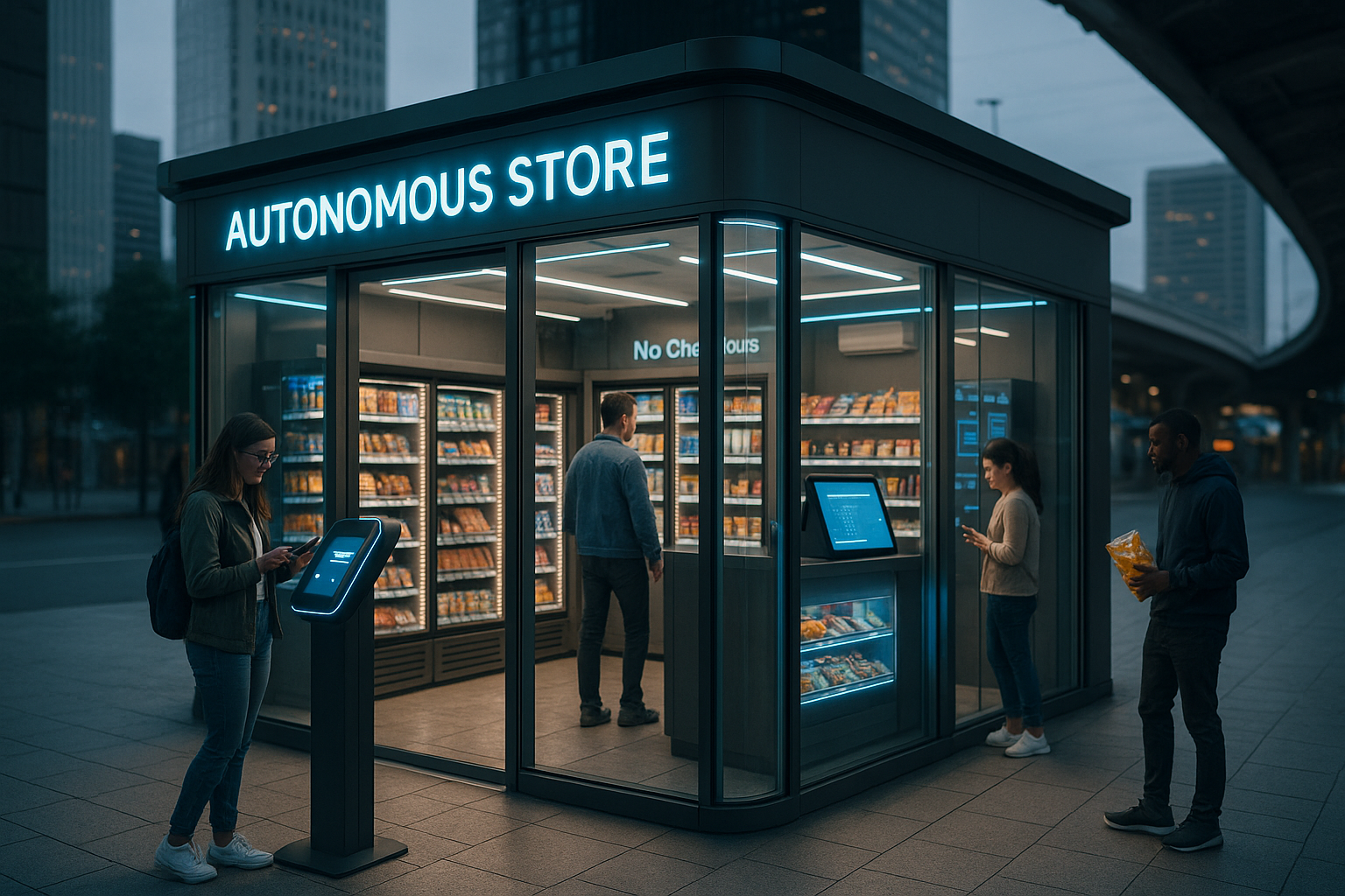 Glass-walled autonomous store in urban plaza with LED "AUTONOMOUS STORE" sign, customers using phones and digital kiosks, shelves visible through transparent walls.