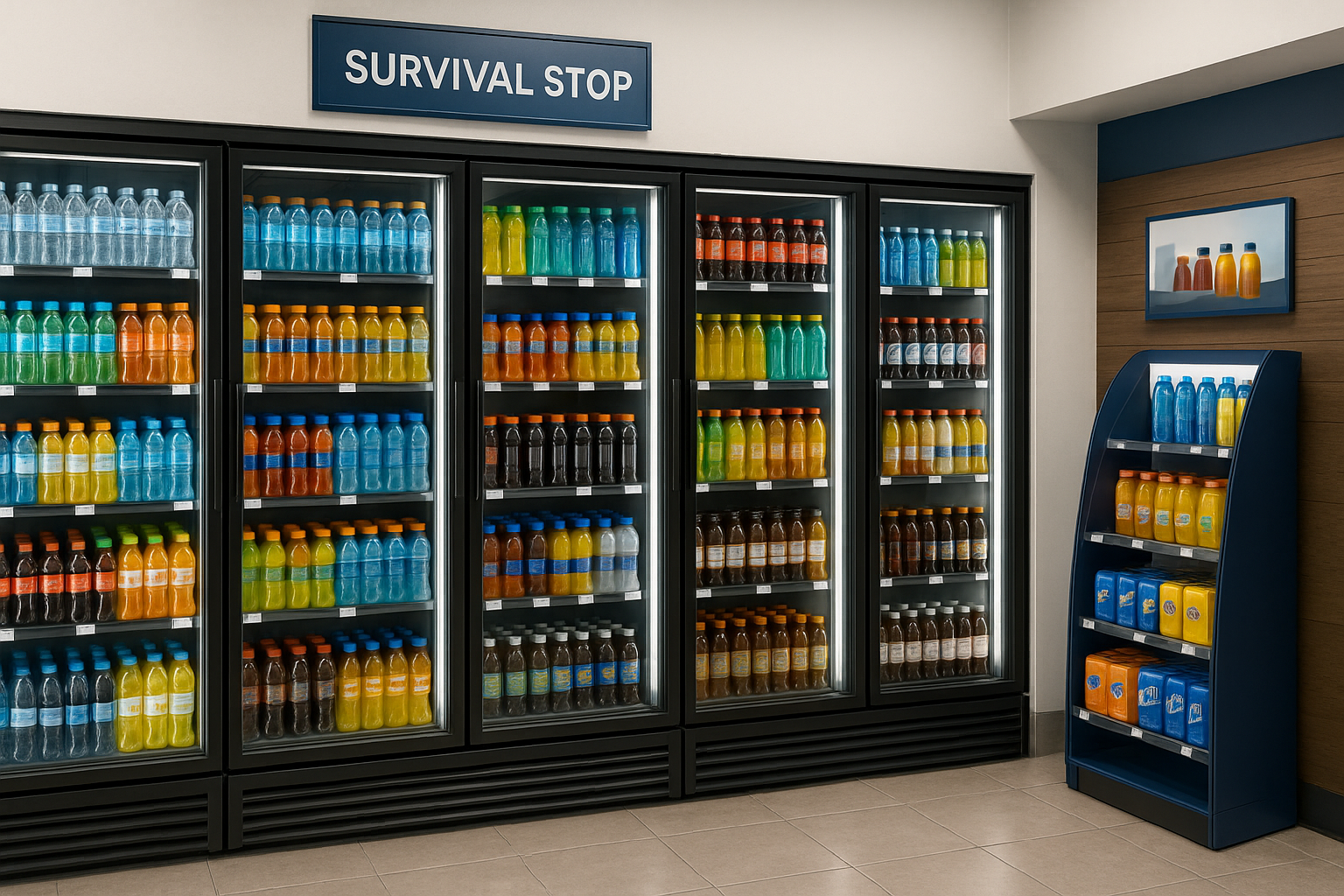 Five glass-door refrigerated beverage coolers at Survival Stop with colorful drinks organized by category, plus curved endcap display with beverages and snacks.