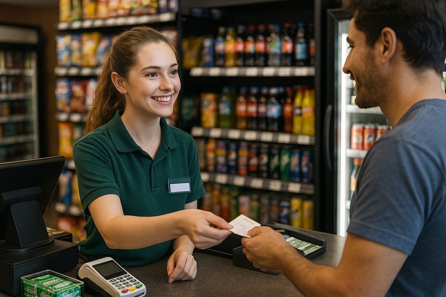 Smiling female cashier in green polo shirt handing receipt to male customer at convenience store register with beverage coolers in background.