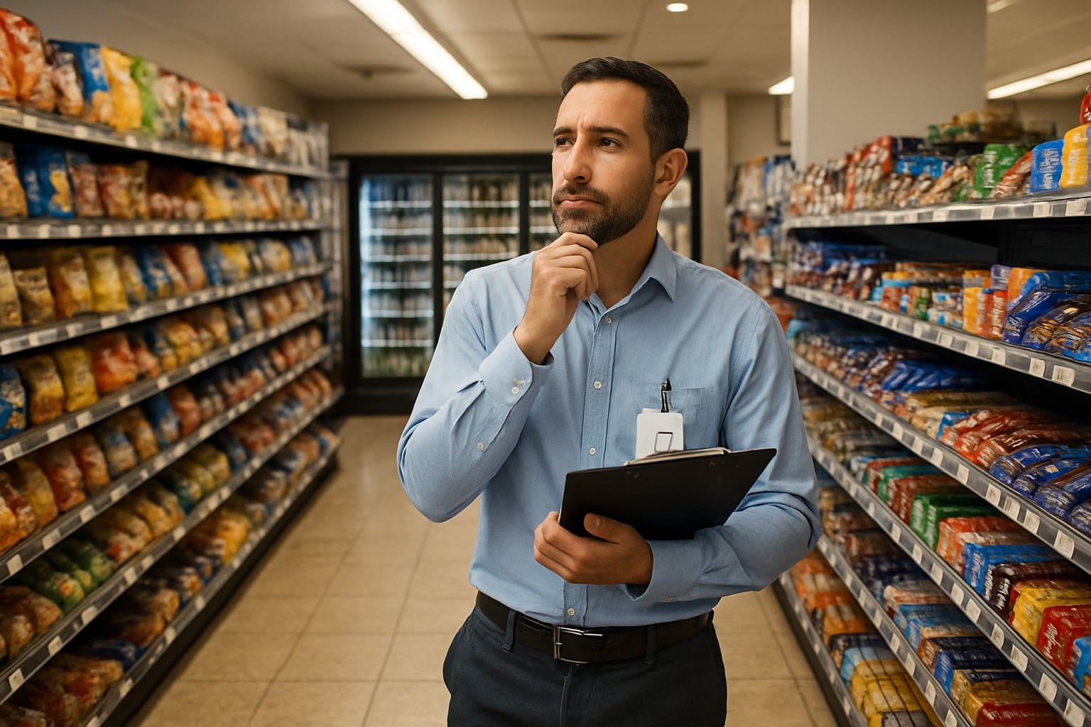 Male district manager in light blue dress shirt holding clipboard while thoughtfully assessing convenience store aisle with stocked shelves.