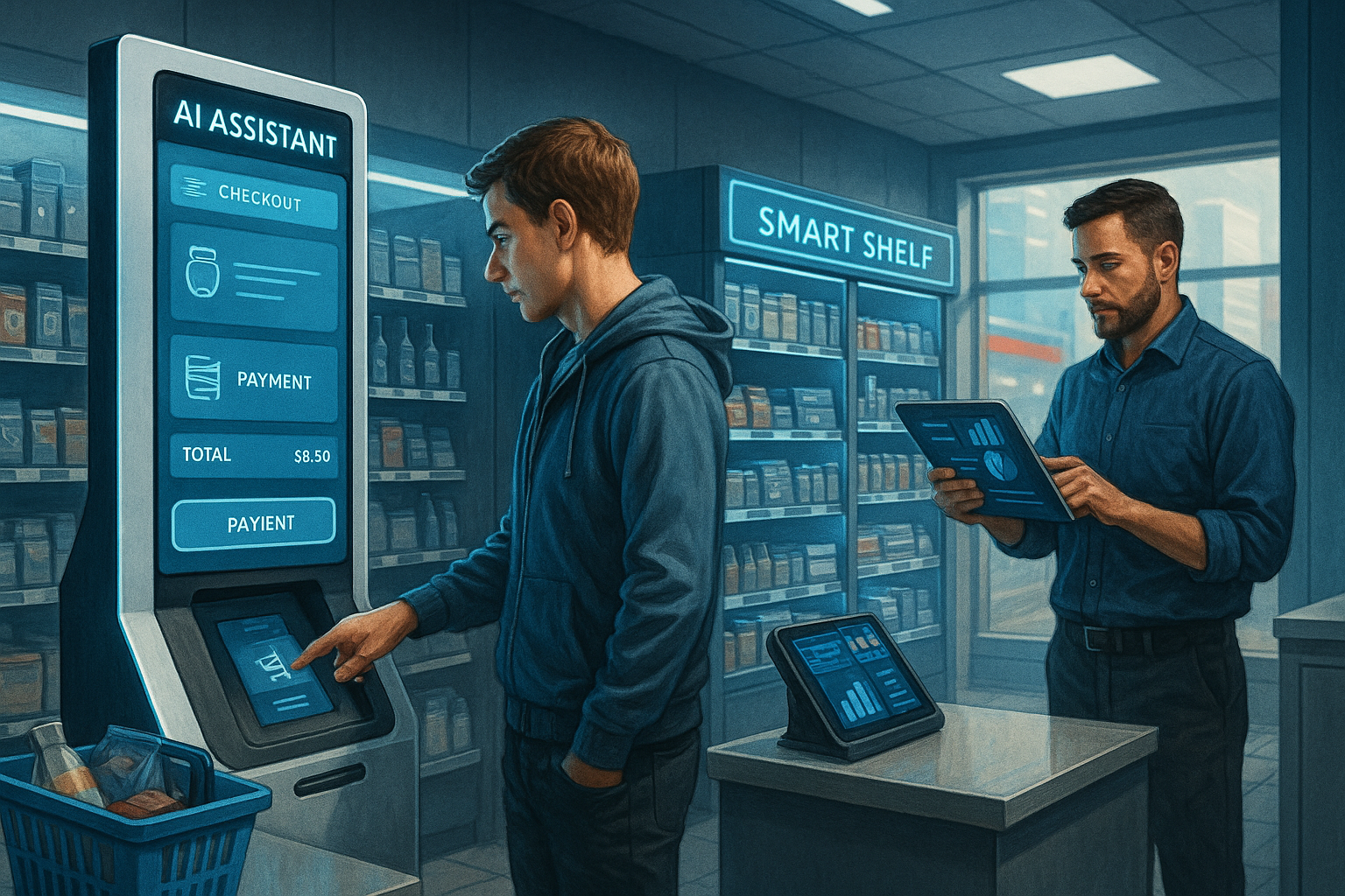 Customer in hoodie using AI assistant checkout kiosk showing $8.50 total while store employee in blue shirt holds tablet near smart shelf display in modern c-store.