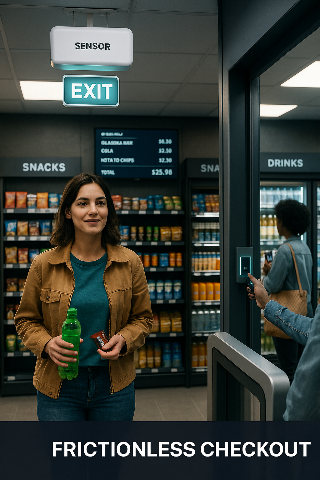 Woman in brown jacket holding green bottle and snack walks toward EXIT sensor in store while another customer uses phone near checkout display showing $25.98 total.