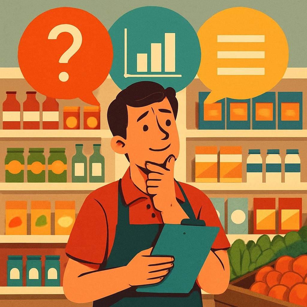 Illustrated store worker in red shirt and apron holding clipboard with thought bubbles showing question mark, chart, and list icons above shelved products.