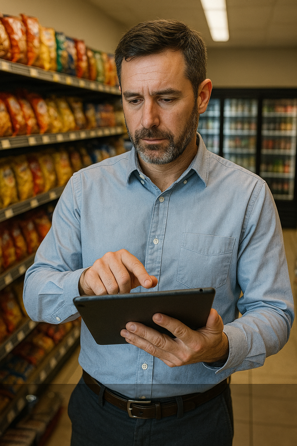 Male store owner in light blue dress shirt using tablet device while standing in convenience store aisle with shelved products behind him.