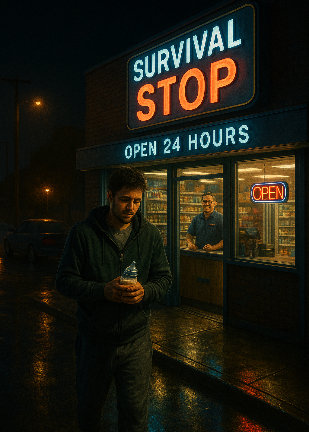 Man in hoodie holding baby bottle outside illuminated "Survival Stop" convenience store at night, with "Open 24 Hours" sign and cashier visible through windows.