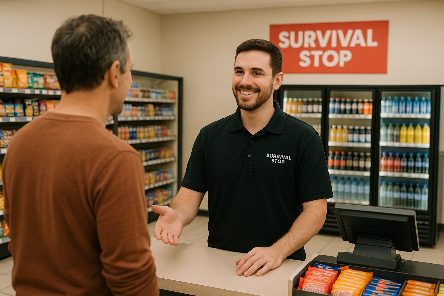 Smiling male employee in black Survival Stop polo shirt greeting customer at convenience store checkout counter with refrigerated beverages visible in background.