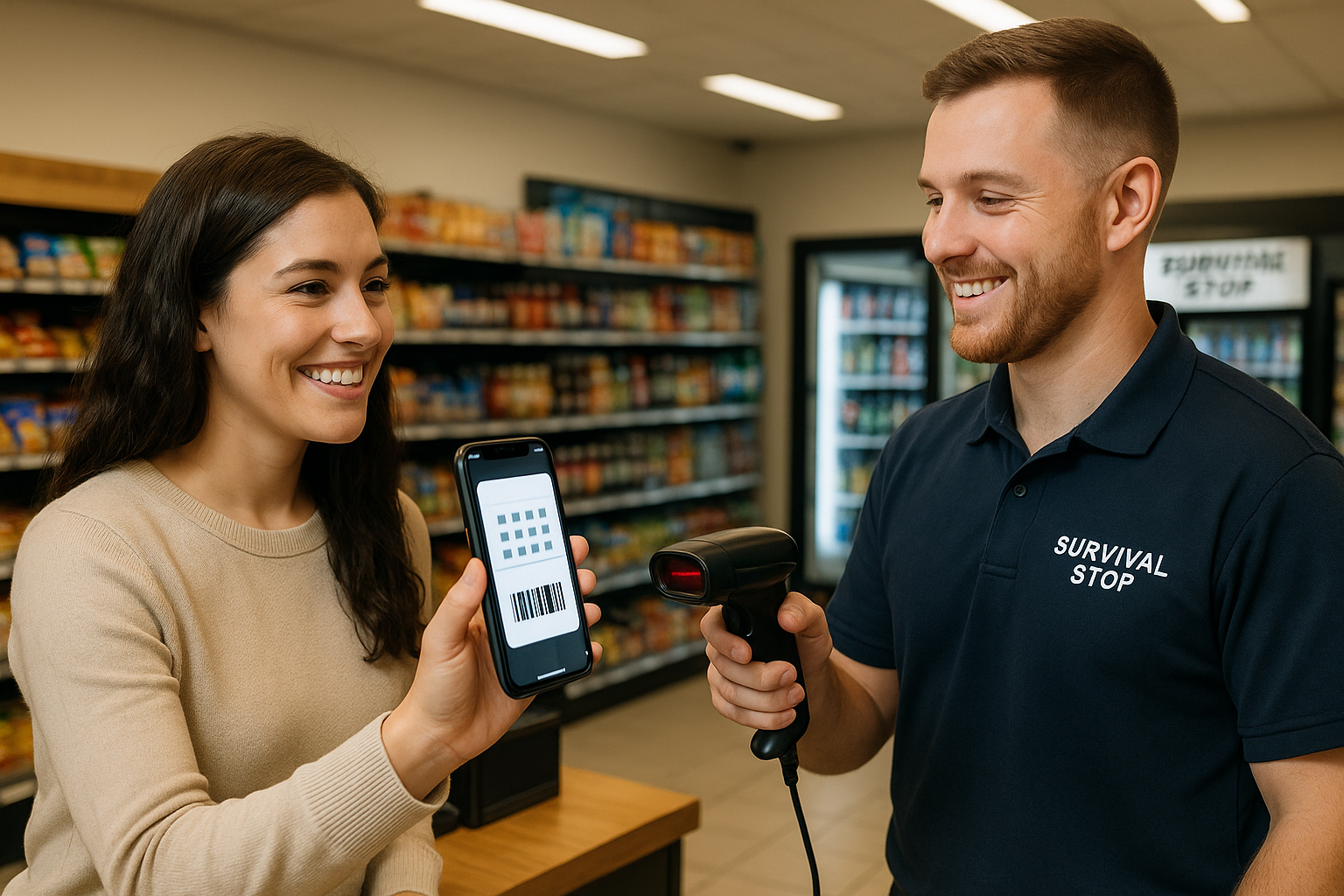 Smiling woman holding smartphone with barcode app while male Survival Stop employee scans with handheld scanner at convenience store counter.