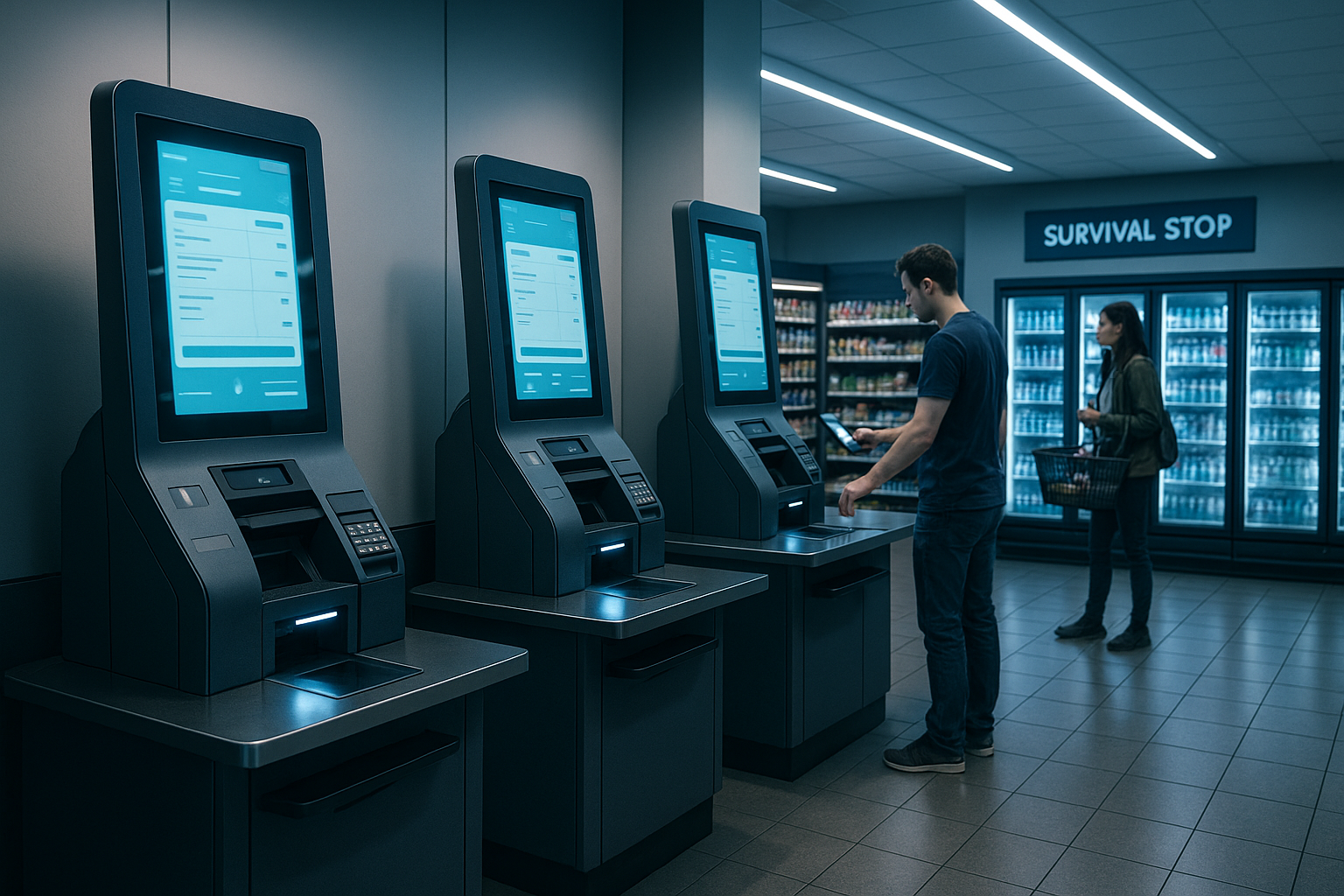 Three self-checkout kiosks with blue screens in Survival Stop convenience store, man in black shirt using middle station while woman shops near beverage coolers in background.