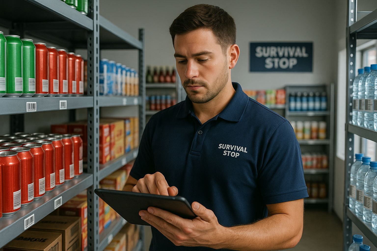 Male employee in navy Survival Stop polo shirt using tablet device while standing among organized shelves of canned beverages and water bottles in stockroom.