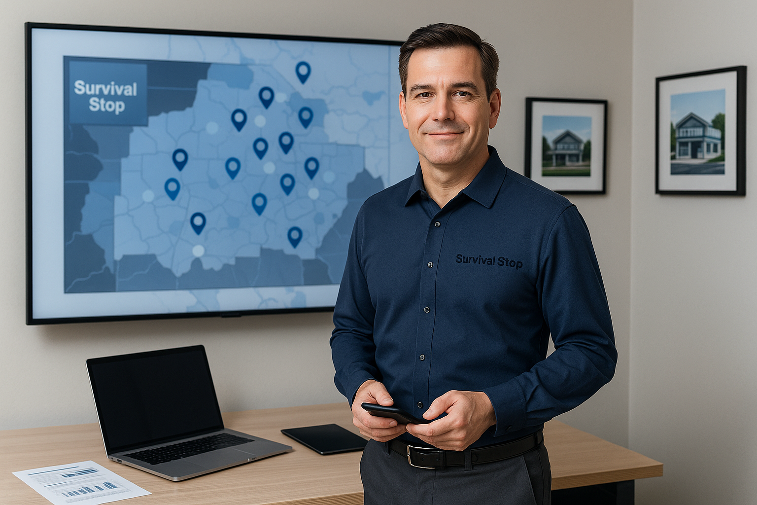 Male Survival Stop district manager in navy shirt holding phone in office with laptop, documents and wall-mounted map showing multiple store locations with pins.
