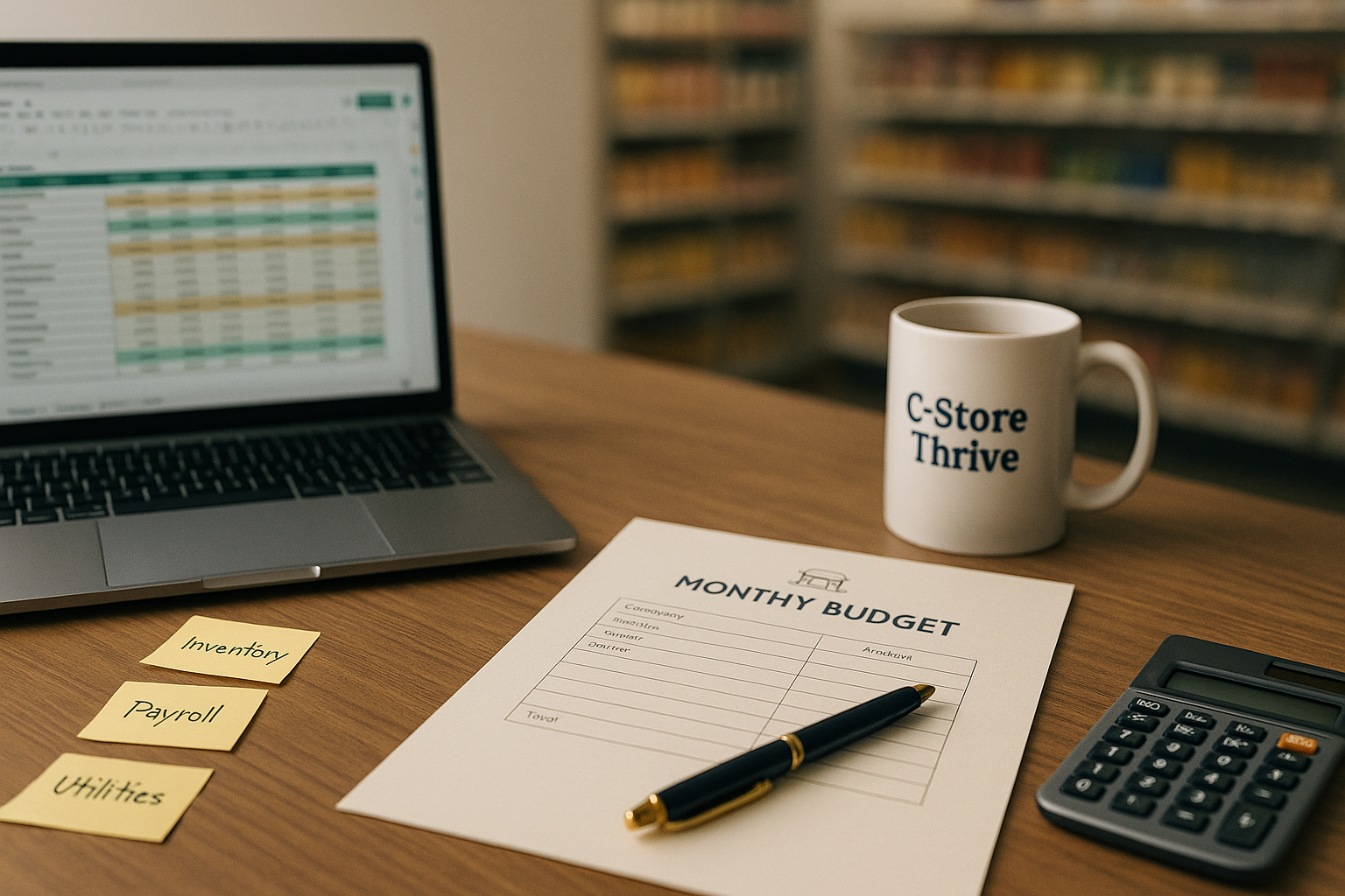 Wood desk with laptop budget spreadsheet, monthly budget form, sticky notes, calculator, and C Store Thrive mug.