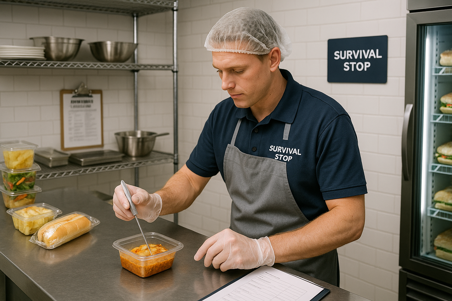 Male Survival Stop employee in hair net, apron and gloves checking food temperature with probe thermometer in commercial kitchen with prepared foods and clipboard.