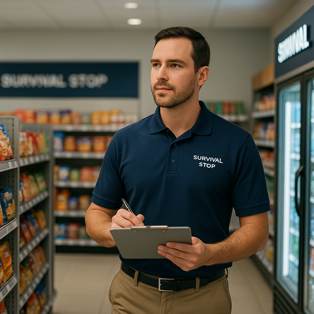 Survival Stop store manager walking an aisle, inspecting products and taking notes on a clipboard during a store walk.