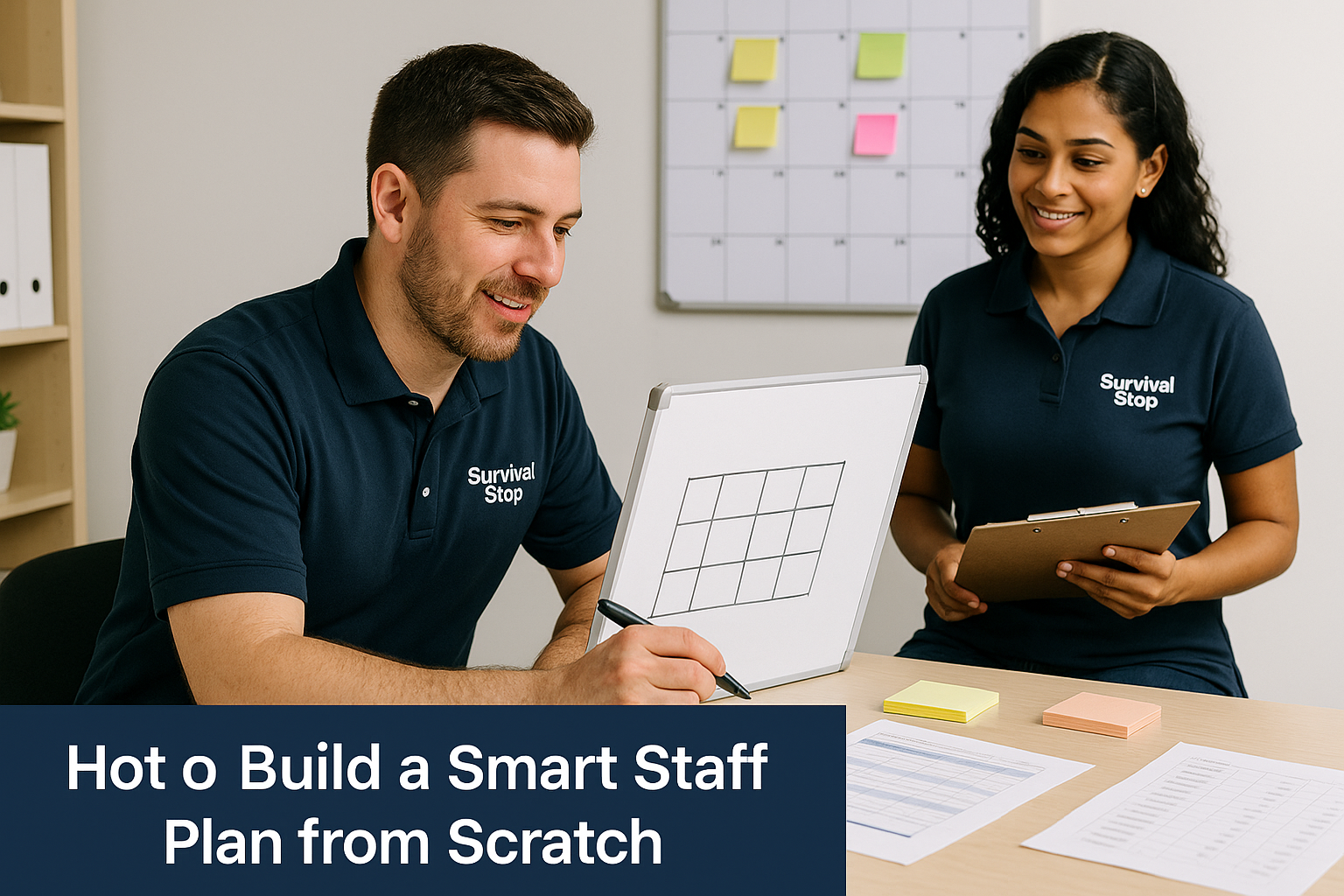 Male and female Survival Stop managers in navy polos working together on staffing schedule with grid template, clipboard and colorful sticky notes on whiteboard.