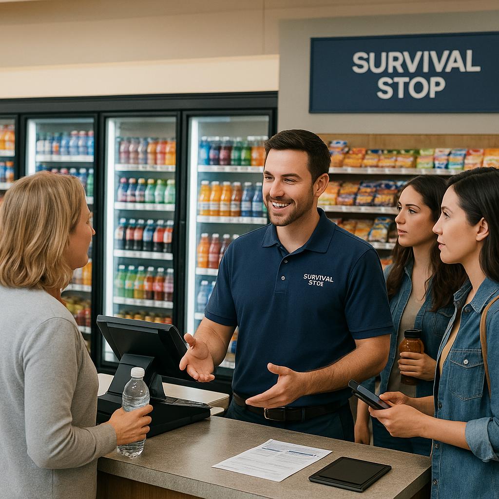 Busy Survival Stop store scene with an employee confidently helping several customers at once at the front counter.