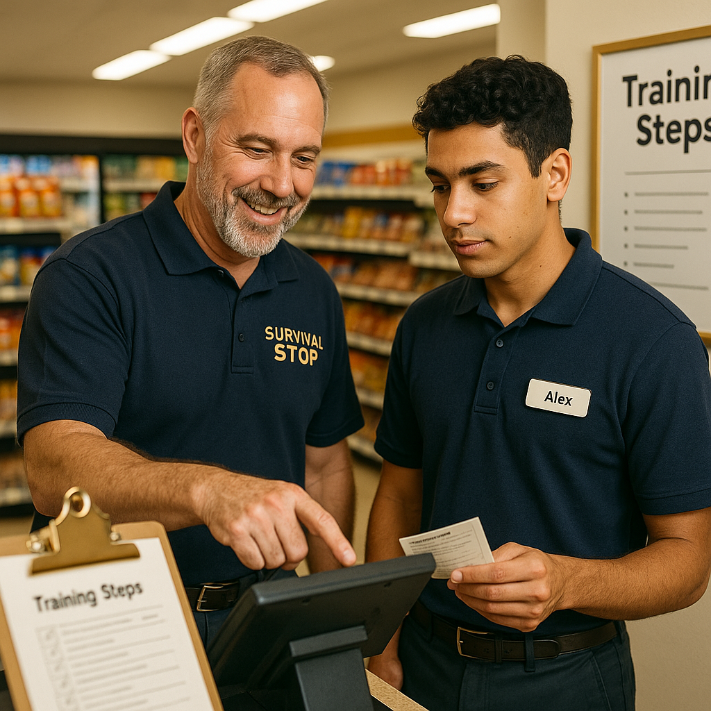 Survival Stop trainer guides trainee at register; clipboard checklist and “Training Steps” board highlight clear, efficient learning.