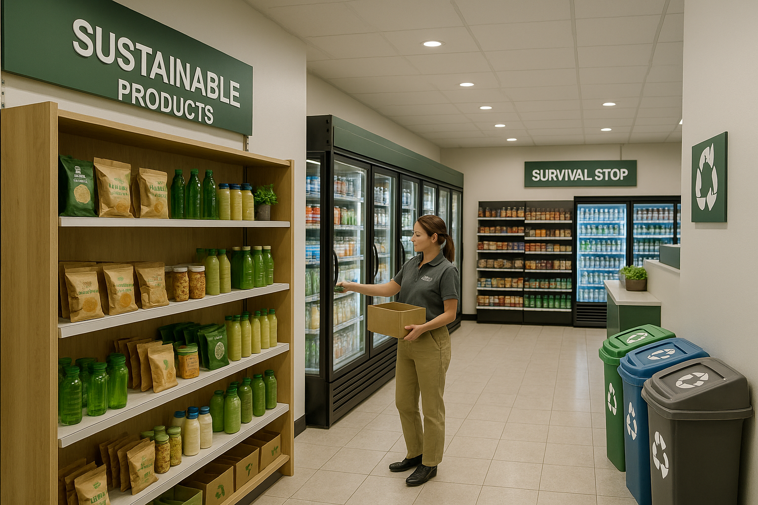 Survival Stop employee restocking sustainable products section featuring eco-friendly beverages and snacks, with recycling bins and beverage coolers in modern store layout.