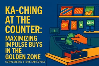Stylized illustration of a convenience store checkout counter with colorful snack displays and impulse items, showing a customer making a purchase in the high-profit 'golden zone'.