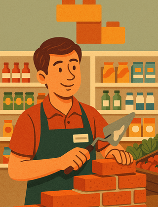 Illustrated smiling store worker in red shirt and green apron stacking orange blocks while surrounded by shelved products in convenience store.