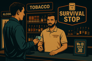 Clerk at Survival Stop verifying a customer's ID before completing a cigarette purchase at the counter.
