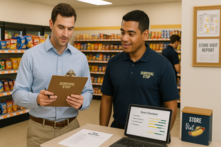 Man in dress shirt with clipboard talking to Survival Stop employee next to laptop showing store checklist, with store visit report visible on wall.