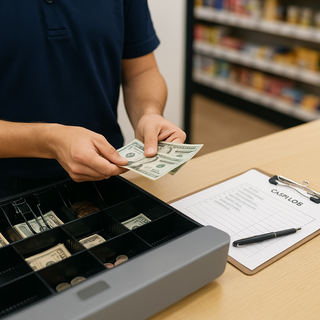 Hands of person in navy shirt counting dollar bills over open cash register drawer with cash log clipboard and pen on wooden counter in convenience store.
