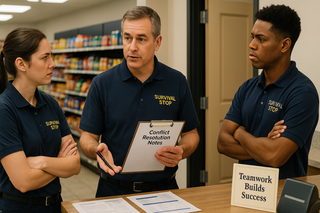 Manager holding conflict resolution notes speaking to two Survival Stop employees with crossed arms, with "Teamwork Builds Success" sign visible on counter.