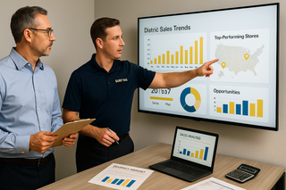 Two men reviewing district sales trends on wall-mounted display showing charts and maps, with laptop and printed reports on conference table below.