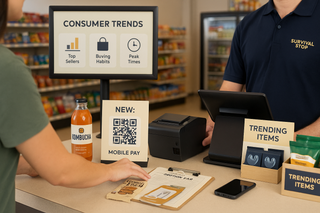 Convenience store counter showing consumer trends display, mobile pay QR code, kombucha bottle, trending items display, and Survival Stop employee at POS system.